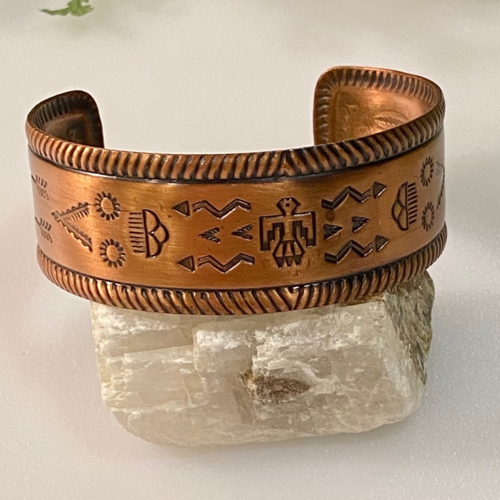 Vintage Storyteller Bell Trading Post Copper Cuff Bracelet - Handmade